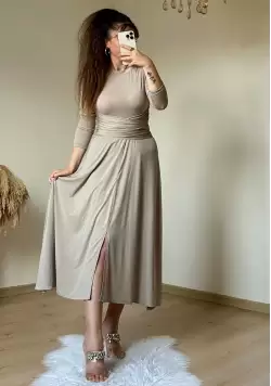 Bel Detaylı Elbise Bej