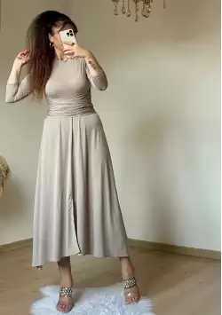 Bel Detaylı Elbise Bej