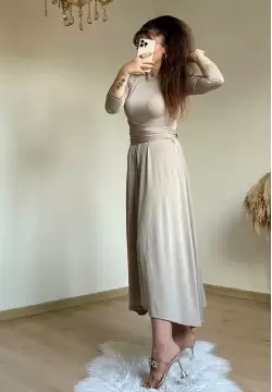 Bel Detaylı Elbise Bej
