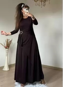 Bel Tokalı Elbise Koyu Kahve