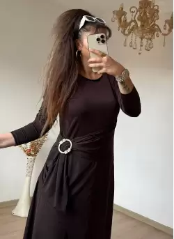 Bel Tokalı Elbise Koyu Kahve