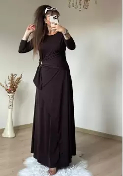 Bel Tokalı Elbise Koyu Kahve