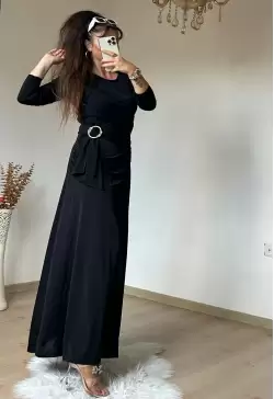 Bel Tokalı Elbise Siyah