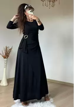 Bel Tokalı Elbise Siyah