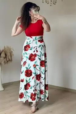 Beyaz İri Gül Desen Viskon Elbise