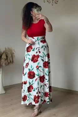 Beyaz İri Gül Desen Viskon Elbise