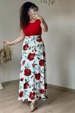 Beyaz İri Gül Desen Viskon Elbise