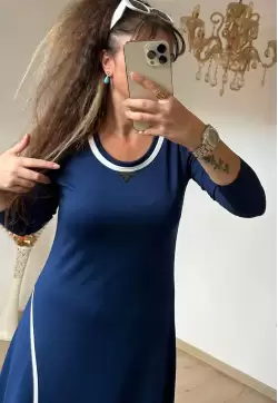 Beyaz Şerıtlı Elbise Lacivert