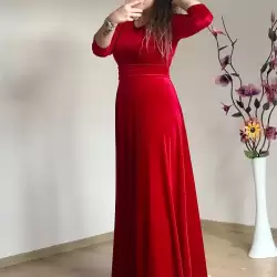 Bisiklet Yaka Kadife Elbise Bordo