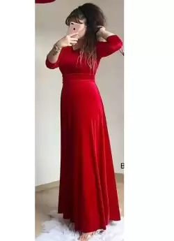 Bisiklet Yaka Kadife Elbise Bordo