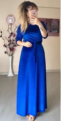Bisiklet Yaka Kadife Elbise Saks Mavi