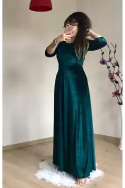 Bisiklet Yaka Kadife Elbise Zümrüt Yeşili