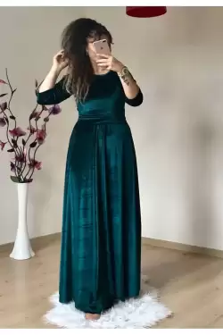 Bisiklet Yaka Kadife Elbise Zümrüt Yeşili