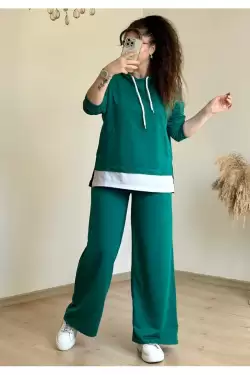 Bol Paça Tshırt Detaylı Takım Yeşil
