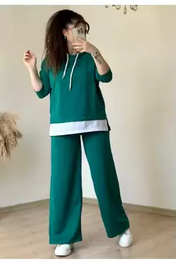 Bol Paça Tshırt Detaylı Takım Yeşil
