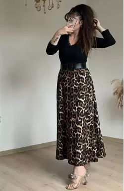 Deri Kemerli leopar Süet Elbise