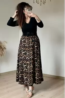 Deri Kemerli leopar Süet Elbise