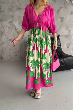Desenli Dokuma Viskon Elbise V-YAKA Pembe