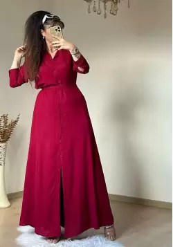 Düz Cepli Gömlek Elbise Bordo