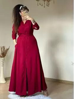 Düz Cepli Gömlek Elbise Bordo