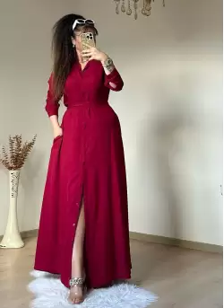 Düz Cepli Gömlek Elbise Bordo