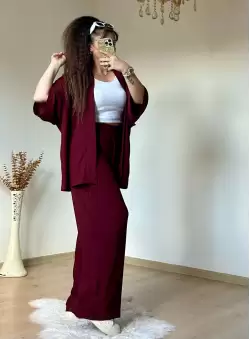 Düz Kimono Büyük beden Bordo