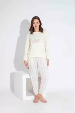 Ekru Çizgi Desen Anne Pijama Takımı