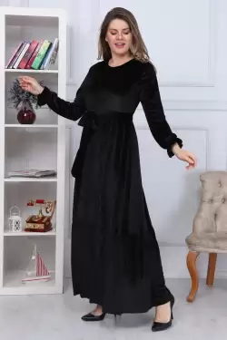 Eteği Fırfırlı Kadife Elbise Siyah