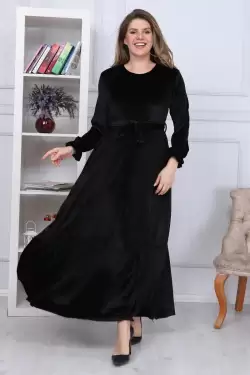 Eteği Fırfırlı Kadife Elbise Siyah