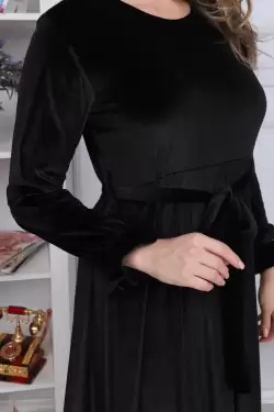 Eteği Fırfırlı Kadife Elbise Siyah