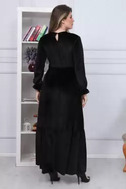 Eteği Fırfırlı Kadife Elbise Siyah