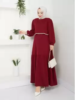 Etek Fırfırlı Elbise Bordo