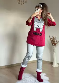 Hello Yazılı Kadife Takım Kırmızı