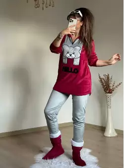 Hello Yazılı Kadife Takım Kırmızı