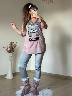Hello Yazılı Kadife Takım Pudra