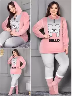 Hello Yazılı Kadife Takım Pudra