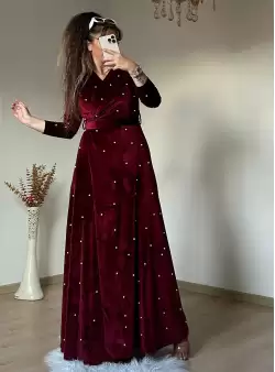 İncili Kadife Elbise - BORDO