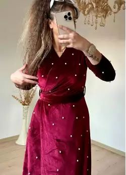 İncili Kadife Elbise - BORDO