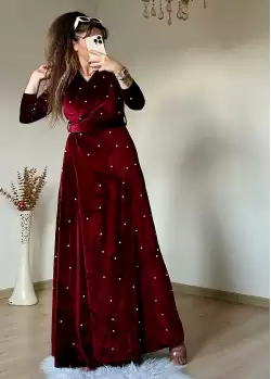 İncili Kadife Elbise - BORDO