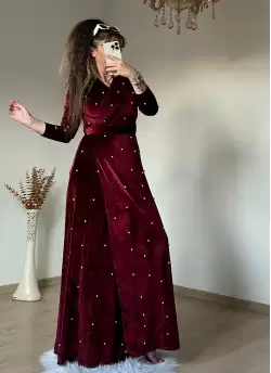 İncili Kadife Elbise - BORDO