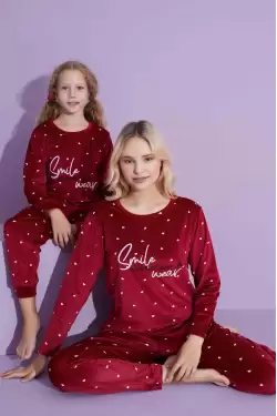 Kadife Puanlı Çoçuk Takım Bordo