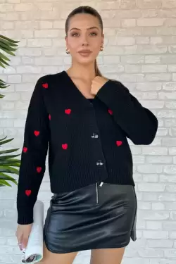 Kadın Kalp Nakışlı Triko Hırka