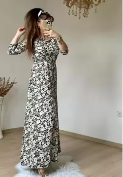 Kahve Çıtır Çıceklı Bürümcük Elbise
