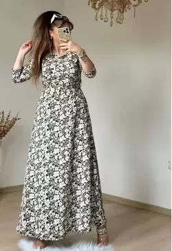 Kahve Çıtır Çıceklı Bürümcük Elbise
