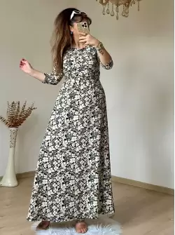 Kahve Çıtır Çıceklı Bürümcük Elbise