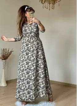 Kahve Çıtır Çıceklı Bürümcük Elbise