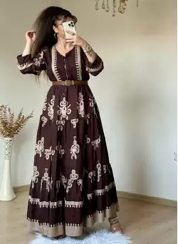 Kahve Etnik Desen Salaş Elbise