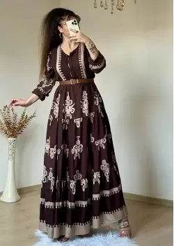 Kahve Etnik Desen Salaş Elbise