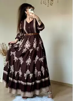 Kahve Etnik Desen Salaş Elbise