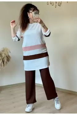 Kahve Pudra Şeritli Takım